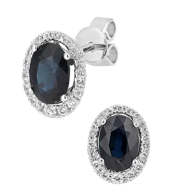 9ct witgouden diamanten en saffier edelstenen ovaal geslepen oorknopjes