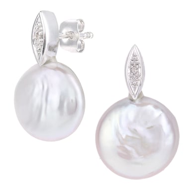 9ct witgoud, 0,01ct diamanten met oorbellen met witte gekweekte parels