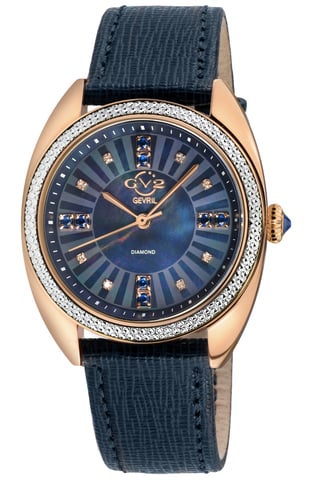 GV2 Women's Palermo Diamond Swiss Quartz MOP Black Dial, Genuine Black Handmade Leather Watch