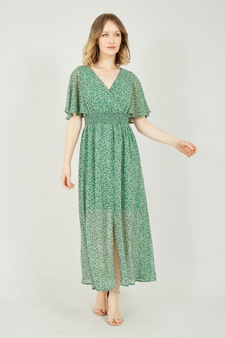 Yumi groene maxi-jurk met ruches en kleine bloemetjesprint
