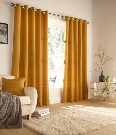 Ellis Windowpane Check Eyelet Curtains in Ochre