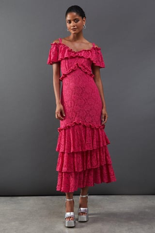 Corded Lace Ruffle Fallen Shoulder Midi Dress