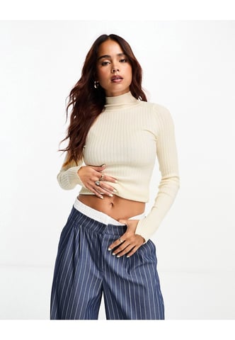 ASOS DESIGN high neck jumper in rib in cream-White