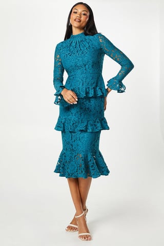 Long Sleeve Tiered Ruffle Lace Midi Dress