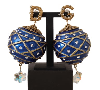 Dolce & Gabbana Gold Brass Blue Christmas Ball Crystal Clip op damesoorbellen