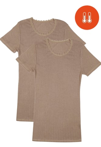 Dames 2-pack Thermische Pointelle Korte Mouw Tops in Beige