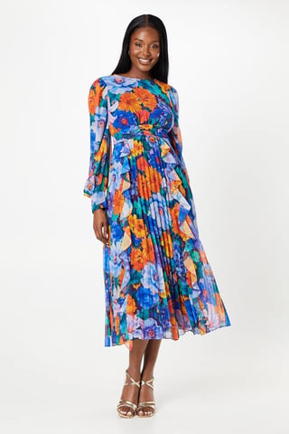 Printed Ruffle And Pleated Midi Dress With Blouson Sleeve