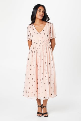 Petite Spot Pleated Waist Midi Dress