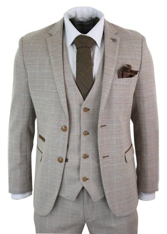 Heren 3-delige Beige Tweed Ruit Vintage Retro Kostuum
