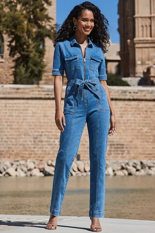 Mid Blue Denim Tie Waist Utility Jumpsuit