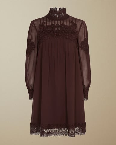 Ted Baker Anneah kanten tuniek met hoge hals en lange mouwen, dieppaars