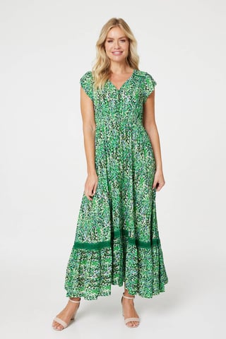 Green Printed Lace Detail Maxi Dress