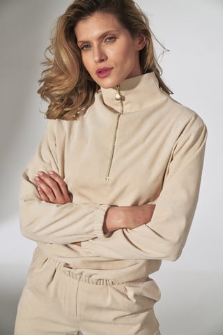 Beige Corduroy Blouse with Stand-Up Collar