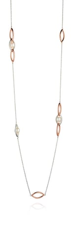 Fiorelli Silver Womens 925 Sterling Silver Rose Gold Plated Pearl Marquise Link Station Necklace of Length 80cm + 5cm
