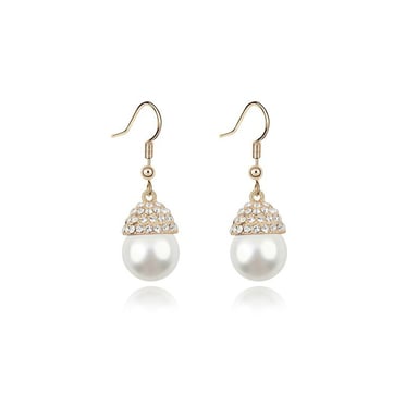 White Pearl and Crystal Drop Earrings and Yellow Gold plated