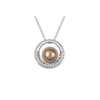 Ronde hanger met bruine parel en wit kristal.