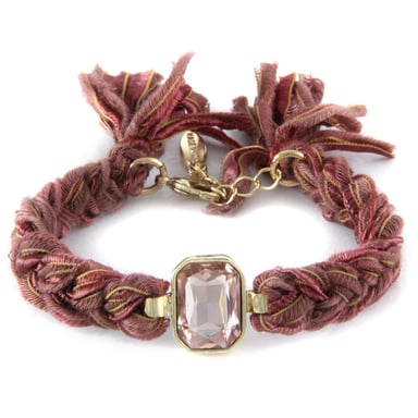 Ettika - Armband met bruine linten en een kristal op goudgelen frame.