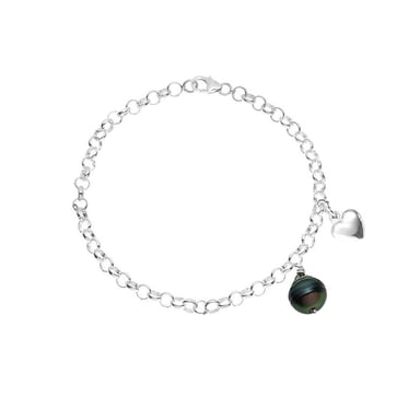 Damesarmband van sterlingzilver 925/1000, met een geringde zwarte Tahitiaanse parel van 9 mm en hartvormige hanger.