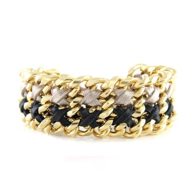 Ettika - Geelgouden armband met zwarte en zilveren linten