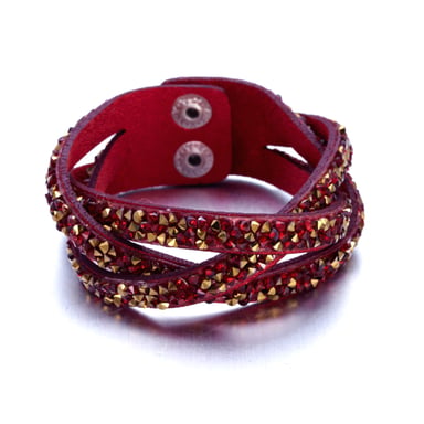 Swarovski - Rode leren gevlochten armband met rode en gouden Swarovski Elements-kristallen
