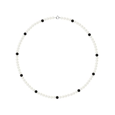 Halsketting met witte, gekweekte parels en zwart kristal