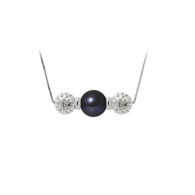 Halsketting van 925 zilver met gekweekte, zwarte parels en kristal.