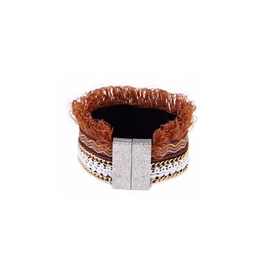 Armband met bruine katoenen franjes en roestvrij staal
