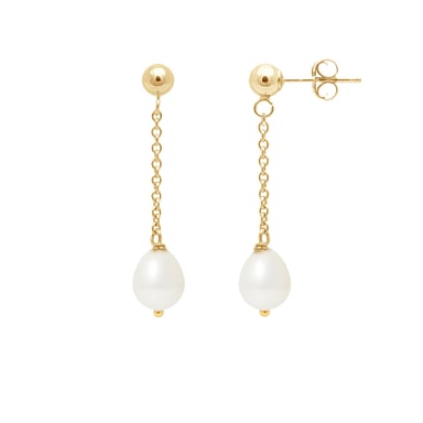 Hangende 750/1000 geelgouden oorbellen met witte zoetwaterparels