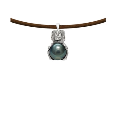 Leren herenketting met tribal-hanger van 925 sterlingzilver en zwarte Tahitiaanse Parel