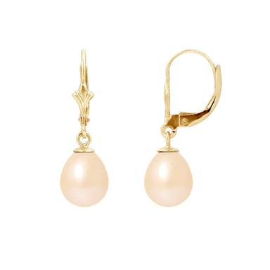 Hangende 750/1000 geelgouden oorbellen met roze zoetwaterparels