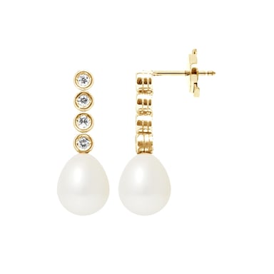 Hangende 750/1000 geelgouden oorbellen met witte zoetwaterparels en diamanten