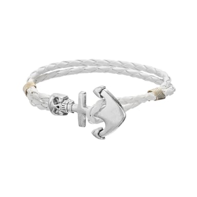 Herenarmband van wit gevlochten leer met roestvrijstalen anker en doodshoofd