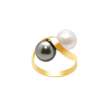 750/1000 geelgouden ring met witte zoetwaterparel en zwarte Tahitiaanse parel