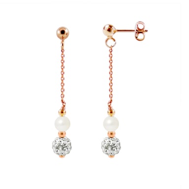 Oorhangers met gekweekte witte parels, wit kristal en verguld met roségoud