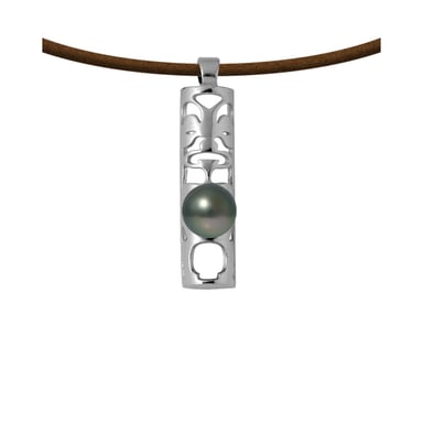 Leren herenketting met tribal-hanger in de vorm van een totempaal van sterlingzilver (925) met Tahitiaanse parel