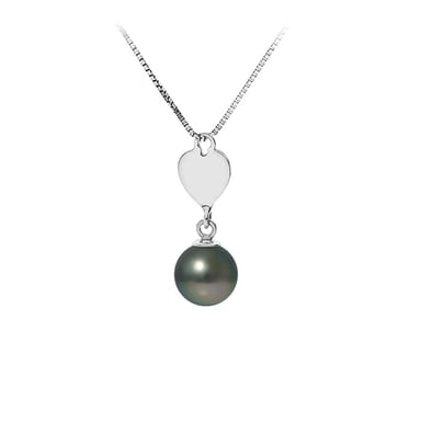 Ketting van sterlingzilver (925) en hanger met hartje en zwarte Tahitiaanse parel
