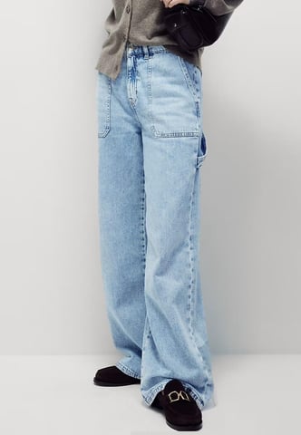 M&S Womens Relaxed High Waisted Carpenter Wide Leg Jeans in Lichtblauw