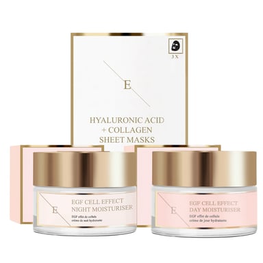 EGF Cell Effect Dag Moisturiser 50ml+EGF Cell Effect Nacht Moisturiser 50ml + Hyaluronzuur & Collageen Masker - 3 vellen