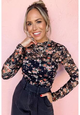 Zwarte Bloemen Net Transparante Lange Mouwen Top