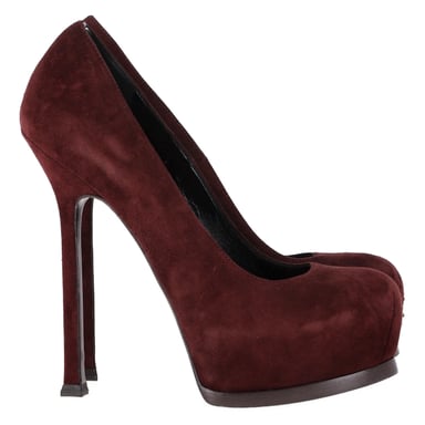 Saint Laurent Tribtoo Platform Pumps in Burgundy Suede