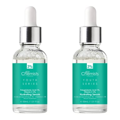 skinChemists Jeugdserie Hydraterend Serum Polyglutamaatzuur 1%, Vitamine C 3% 30ml x 2 Duo Pack