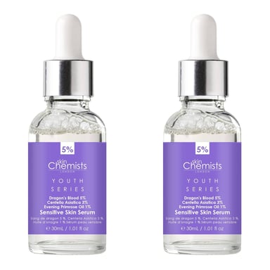 skinChemists Jeugd Serie Gevoelige Huid Serum Drakenbloed 5%, Centella Asiatica 3%, Avondbalsemolie 1% 30ml x 2 Duo Pack