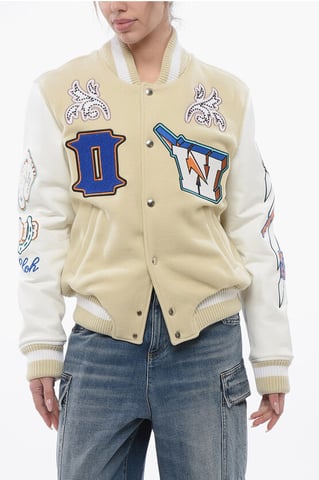 Gewatteerd THUNDERBOLT bomberjack met leren mouwen en Al in beige