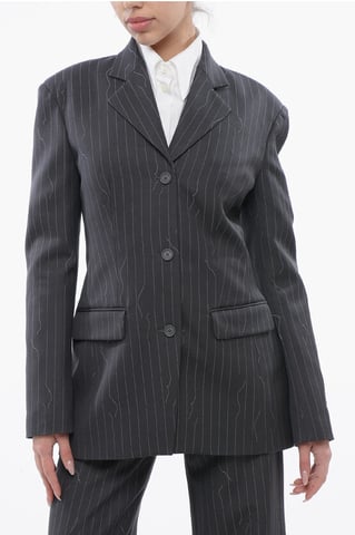 Gestreepte blazer van een mix van maagdelijke wol, slim fit in grijs