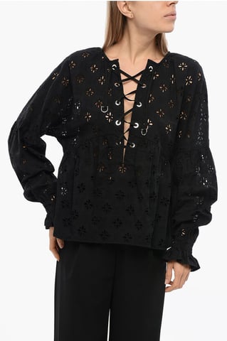 SBERTOLI-blouse met vetersluiting en broderie anglaise in zwart