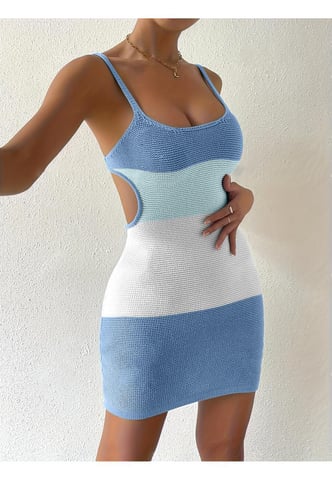 Color Block Scoop Neck Cover Up Jurk Met Stropdas Detail