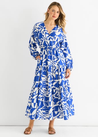 Blauwe Abstracte Wikkel Elastische Taille Midaxi Dress