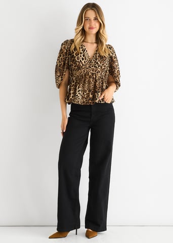 Bruine V-hals Peplum Blouse met dierenprint