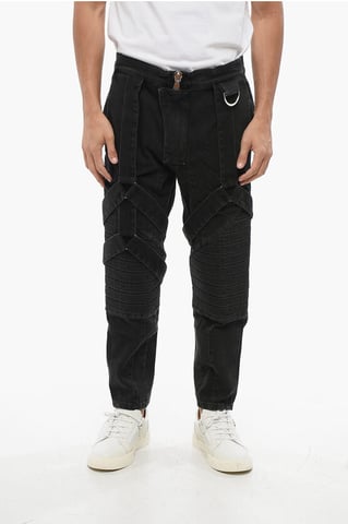 Stretch denim bikerjeans met harnasdetails 17 cm in zwart