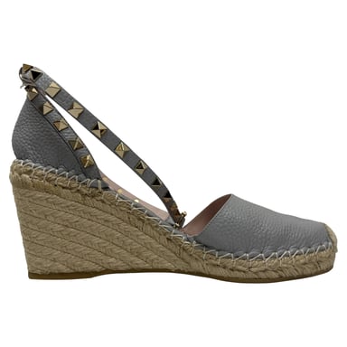 Valentino Rockstud Enkelsluiting Espadrille Wedge Pumps in Grijs Leer